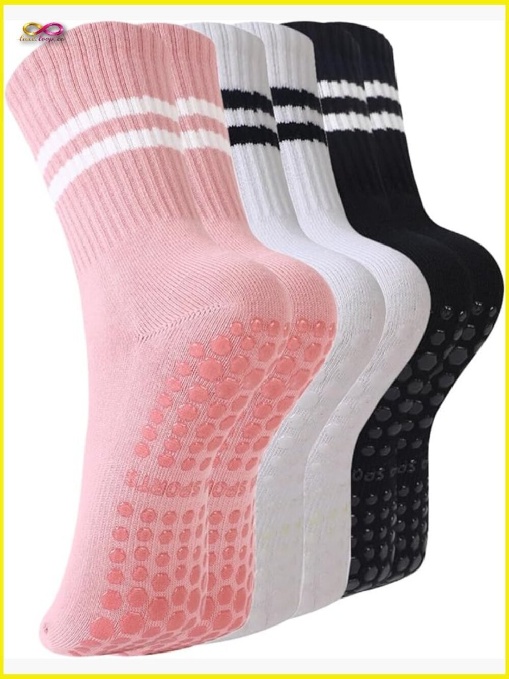 3 Pack Grippy Pilates Socks Non Slip Yoga Ballet Barre Gym Athletic Cotton Blend